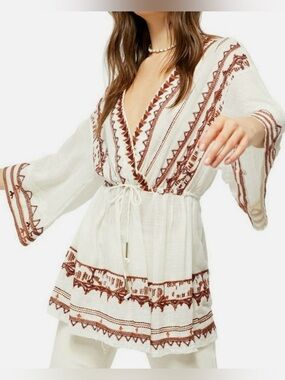 Free People Saffron Embroidered Boho Long Sleeve Tunic L